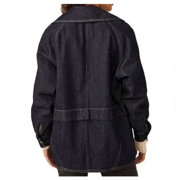 (NEW) FREE PEOPLE Double Breast Car Coat Long Sleeve Denim, Wash Indigo - L - Picture 2 of 13